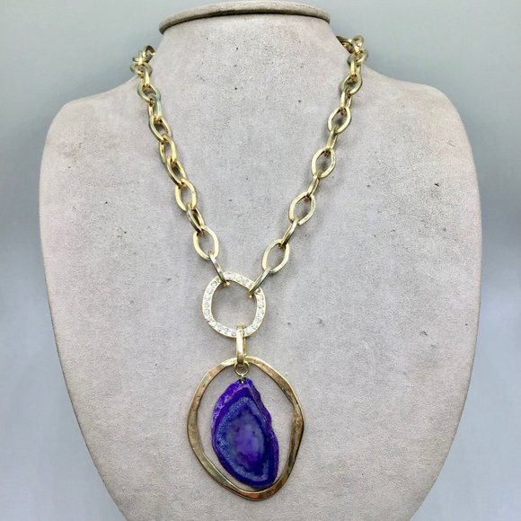 Tori Spelling 80s Necklace Gold Tone Chain Purple Stone Slab Removable Pendant - Picture 12 of 16